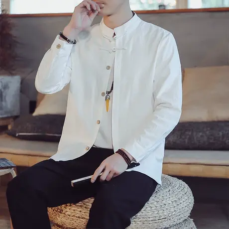 秋季中国风男长袖衬衫中式复古唐装男装盘扣衬衣大码民族风上衣服商品大图