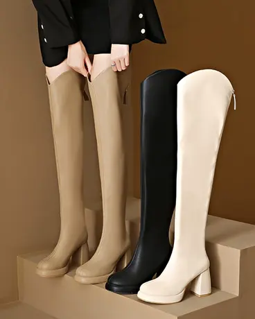 白色靴子女骑士靴小个子瘦瘦靴2023年新款高跟靴长靴长筒靴高跟鞋商品大图
