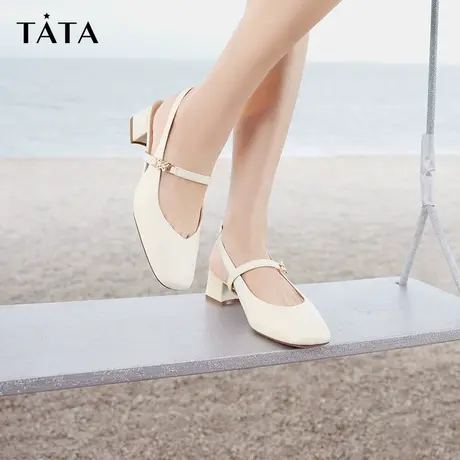 Tata他她法式包头凉鞋女款一字带粗跟牛皮凉鞋2023夏新款7SG07BH3图片