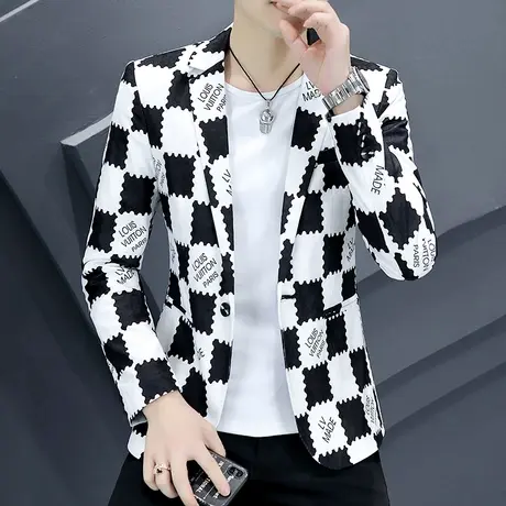 设计感拼色格子西服男秋季个性帅气网红外套发型师韩版修身小西装商品大图