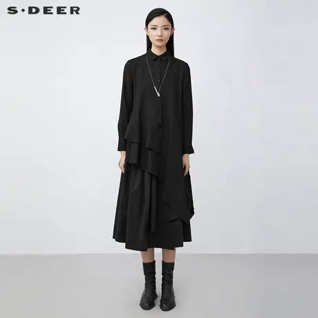 sdeer圣迪奥2021冬装新品休闲翻领拼接不规则长袖黑衬衫S21480504图片