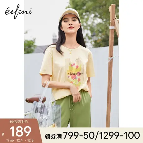 伊芙丽短袖女夏季2021年新款纯棉薄款宽松圆领印花上衣显瘦t恤女商品大图