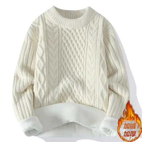 圆领秋冬季男士毛线衣青少年学生百搭针织衫保暖加绒加厚麻花毛衣商品大图