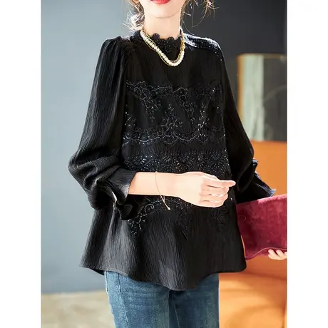 宝诗黎花边领蕾丝拼接亮片长袖小衫2024初春新款长袖休闲套头上衣商品大图