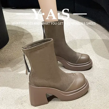 小个子增高粗跟短靴女2023秋季新款时尚后拉链绒面弹力瘦瘦靴潮商品大图
