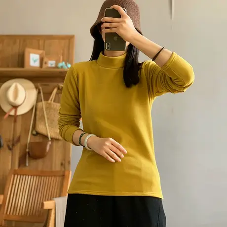 dza 复古双面德绒加绒加厚高领T恤女秋冬内搭打底衫宽松休闲上衣图片