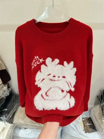 欧货冬季新款本命年红色加厚针织衫宽松慵懒风时尚内搭打底衫毛衣图片