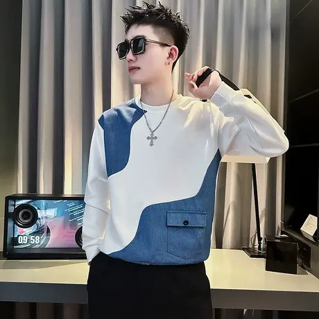 春秋季撞色拼接卫衣ins潮牌长袖T恤痞帅男装2023新款衣服春装外套图片