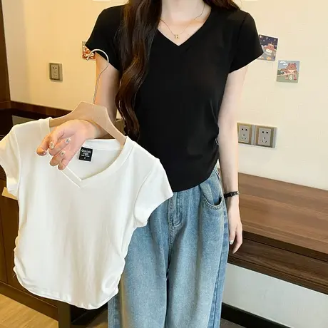 V领正肩短袖T恤女夏季韩版2023新款修身显瘦褶皱纯色百搭短款上衣商品大图