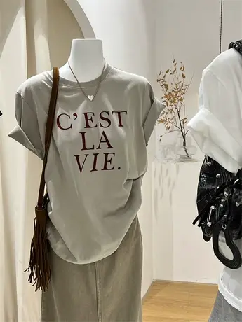 新款白体t恤女早秋短袖植绒字母 磨毛基础款纯棉简约宽松打底上衣商品大图