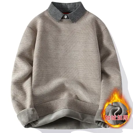 潮牌男士秋冬款一体绒衬衫领针织衫刺绣加绒加厚保暖假领内搭毛衣图片