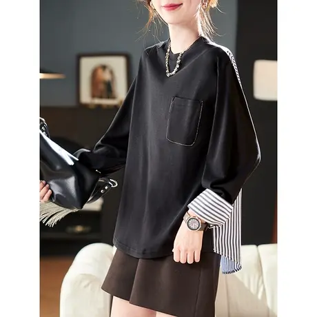 宝诗黎圆领条纹拼接长袖卫衣女204春季新款百搭休闲短款棉质上衣商品大图