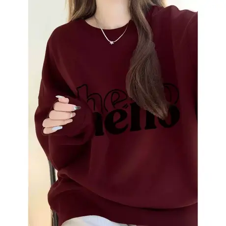 潮牌爆款本命年酒红色卫衣2024新款秋冬圆领套头印花大版加绒外套商品大图