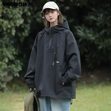 VIISHOW嘻哈美拉德复古宽松半拉链冲锋夹克男户外纯色hiphop外套商品大图