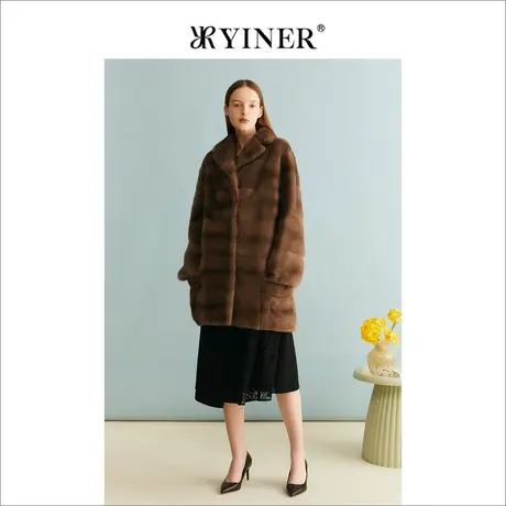 YINER音儿女装冬季法式优雅绒暖水貂毛皮真皮皮草翻领外套商品大图