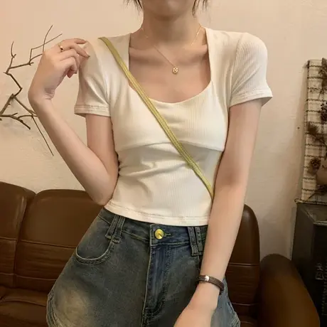 纯欲设计感方领短袖t恤女夏季新款修身甜辣百搭短款正肩上衣体恤商品大图