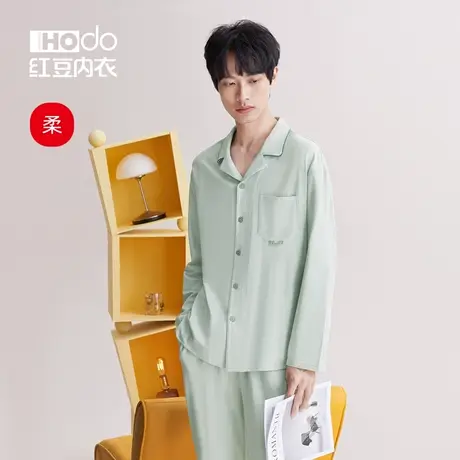 红豆男士睡衣棉质春秋季薄款大码居家休闲空调服开襟家居服套装男商品大图