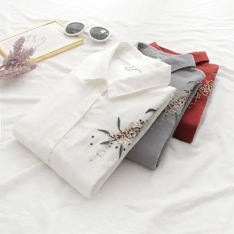 春秋季韩版文艺小清新刺绣碎花双层纱纯棉长袖衬衫女宽松百搭上衣图片