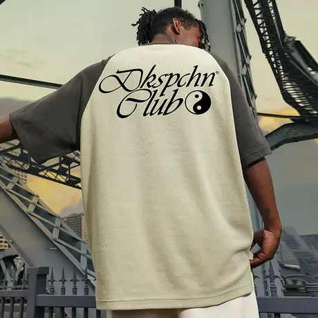 重磅拼接撞色插肩华夫格短袖太极图案t恤男国潮潮牌宽松潮流半袖图片