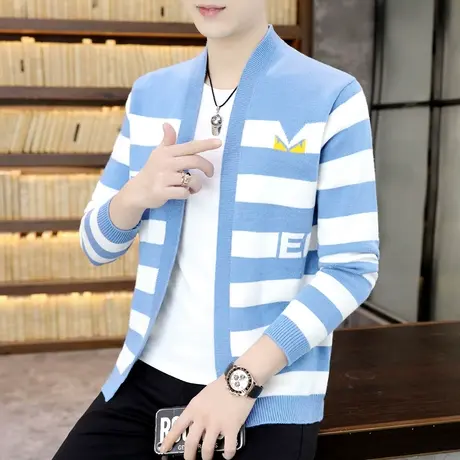 针织开衫男外套秋季韩版潮流毛衣学生帅气薄款休闲外搭条纹上衣男商品大图