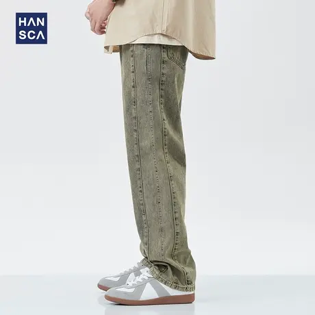 hansca美式复古黄泥染水洗拼接牛仔裤男春季直筒宽松休闲大码长裤商品大图