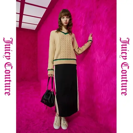 Juicy Couture橘滋初秋冬新款重返校园撞色绣绞花V领女毛衣商品大图