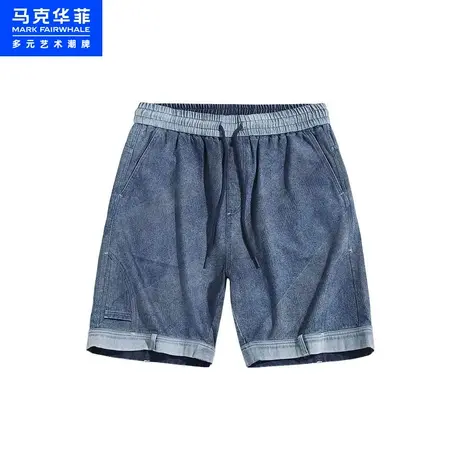 商场同款马克华菲创意拼接水洗牛仔短裤男23夏新款复古个性五分裤图片