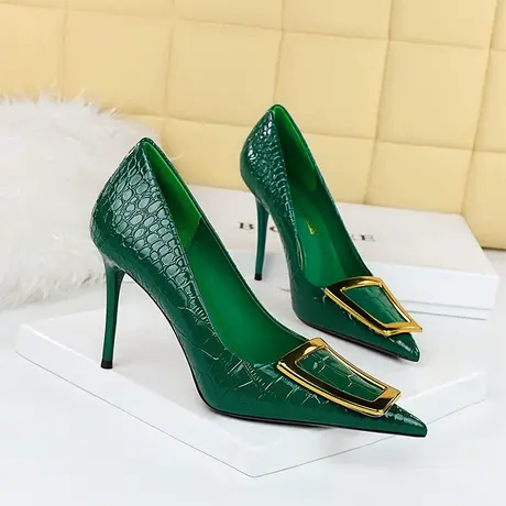 尖头高跟鞋女细跟2023年夏季新款法式性感气质方扣绿色单鞋不累脚商品大图