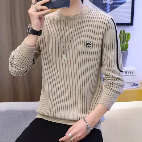 2023春秋季新款潮流帅气条纹毛衣男青少年加绒加厚针织秋冬打底衫商品大图