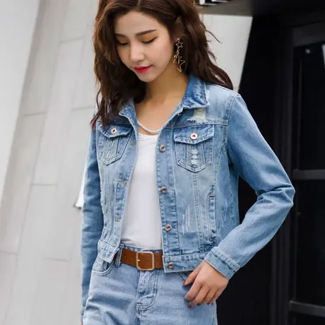 牛仔外套女短款修身韩版新款显瘦学生长袖春秋牛仔服上衣大码浅蓝图片