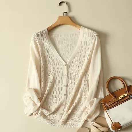 针织开衫女薄款V领长袖早秋新款冰丝外搭防晒空调衫夏季披肩外套商品大图
