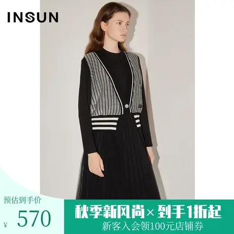 恩裳COVER冬2022真两件宽松开衫法式格纹马甲小黑纱连衣裙女图片