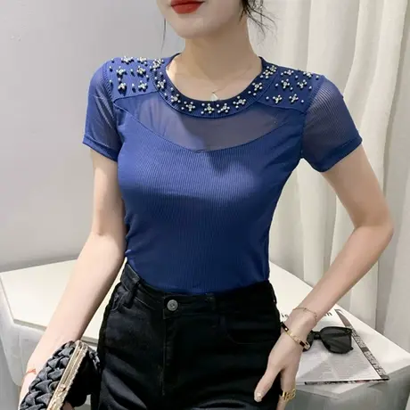 欧货网纱T恤女短袖2023夏装新款时尚钉珠小衫设计感小众紧身上衣图片