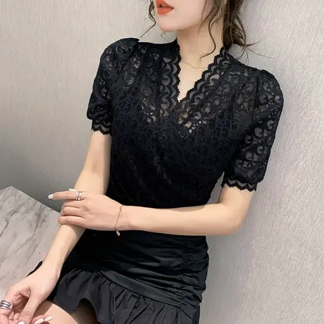 女装2023新款潮性感镂空蕾丝衫V领短袖T恤女夏女人味洋气上衣小衫图片
