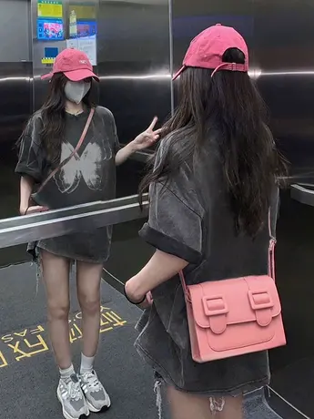 美式复古水洗做旧短袖印花T恤女装夏季黑色宽松设计感中长款上衣商品大图