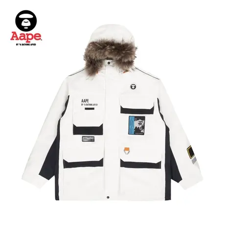 Aape旗舰店男装秋冬猿颜徽章多口袋厚毛领户外滑雪羽绒服7443XXH图片
