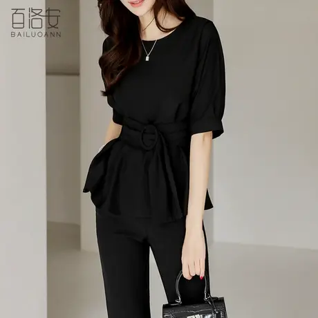 百洛安系带显瘦衬衫女夏新款气质圆领蝙蝠袖衬衣设计感通勤OL上衣图片