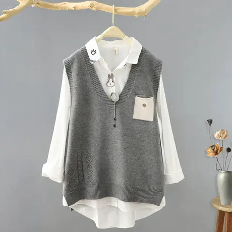 针织马甲女2023年春季新款V领套头背心休闲坎肩外穿宽松无袖毛衣商品大图