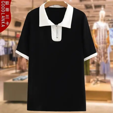 大码女装宽松气质短袖上衣洋气时尚40岁妈妈装夏季POLO领纯棉T恤商品大图