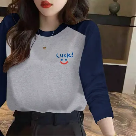 撞色拼接纯棉女士T恤宽松洋气长袖上衣服2023春装新款插肩袖体恤商品大图