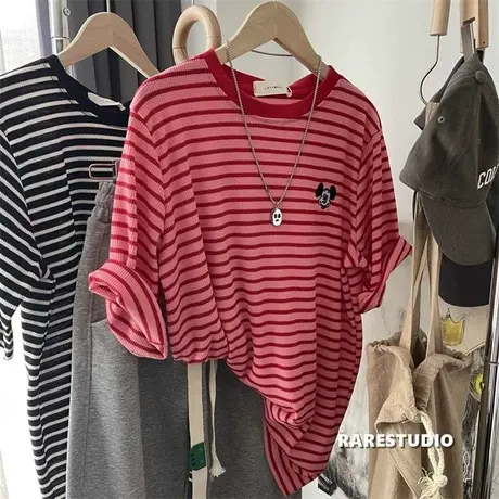 复古条纹刺绣米奇头简约休闲宽松慵懒华夫格洋气百搭韩系短袖T恤图片