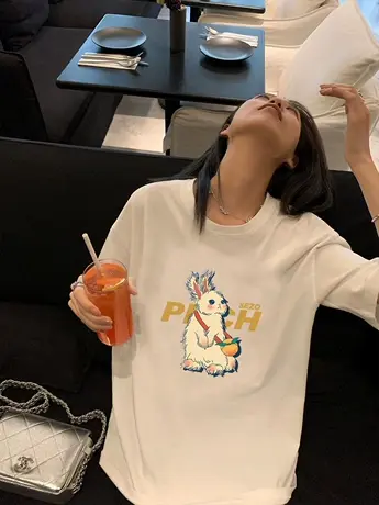 孕妇装加大白色短袖t恤女情侣显瘦印花夏宽松仿棉设计感小众上衣商品大图