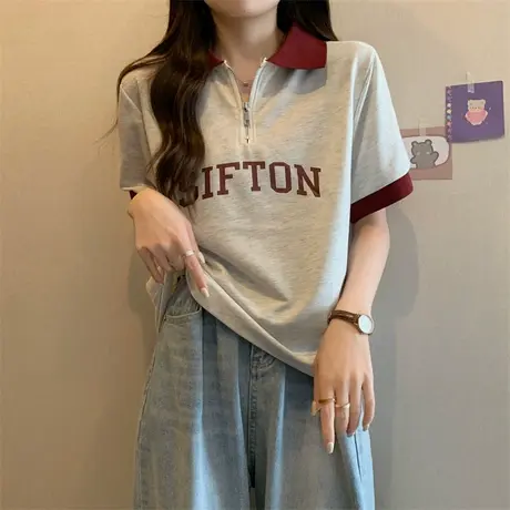 拉链polo领短袖t恤女夏季正肩学生韩版美式复古宽松半袖上衣ins潮商品大图