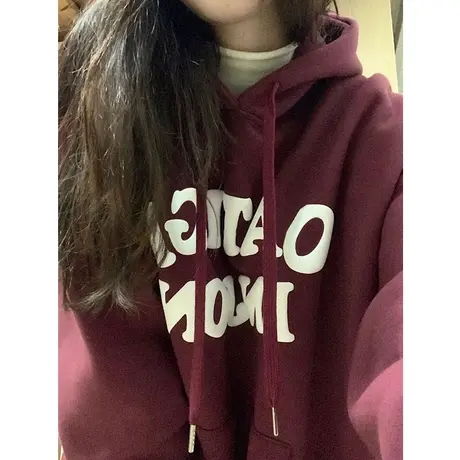 酒红色卫衣女春秋薄款美式复古港风chic宽松oversize连帽上衣外套商品大图