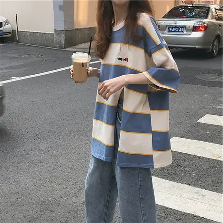 超火cec学院风撞色条纹短袖t恤女夏季新款韩版宽松学生开叉上衣潮图片