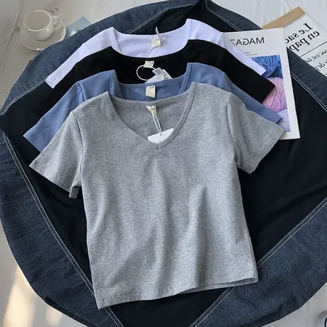 ins欧美紧身短袖v领纯色短款T恤女2021年春夏显瘦高腰露脐上衣女商品大图