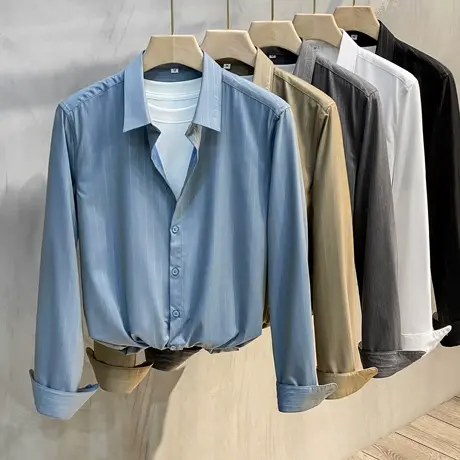 春秋季新款免烫长袖衬衫男刺绣条纹修身高端商务高档正装男士衬衣商品大图