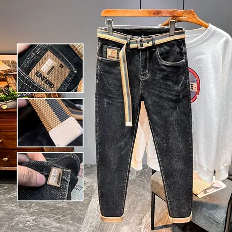 秋冬新款牛仔裤男修身小直筒加厚毛巾底弹力时尚长裤子男裤休闲款图片