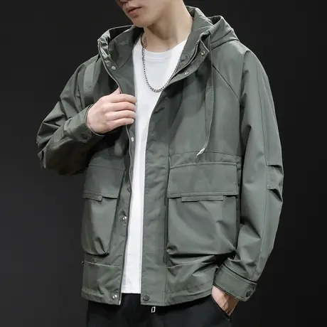 连帽工装夹克外套男春秋潮牌多袋大码休闲冲锋衣男士秋季2023新款图片