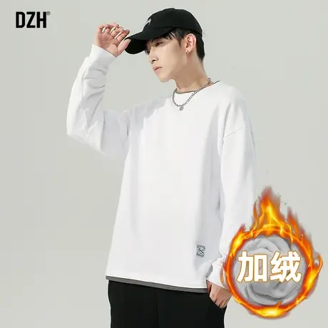 男士白色卫衣加绒打底衫男高级感假两件长袖t恤内搭2023新款春装商品大图